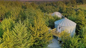 Une grande structure cylindrique entourée d’une forêt dense, avec un petit bâtiment et une terrasse en bois à proximité.