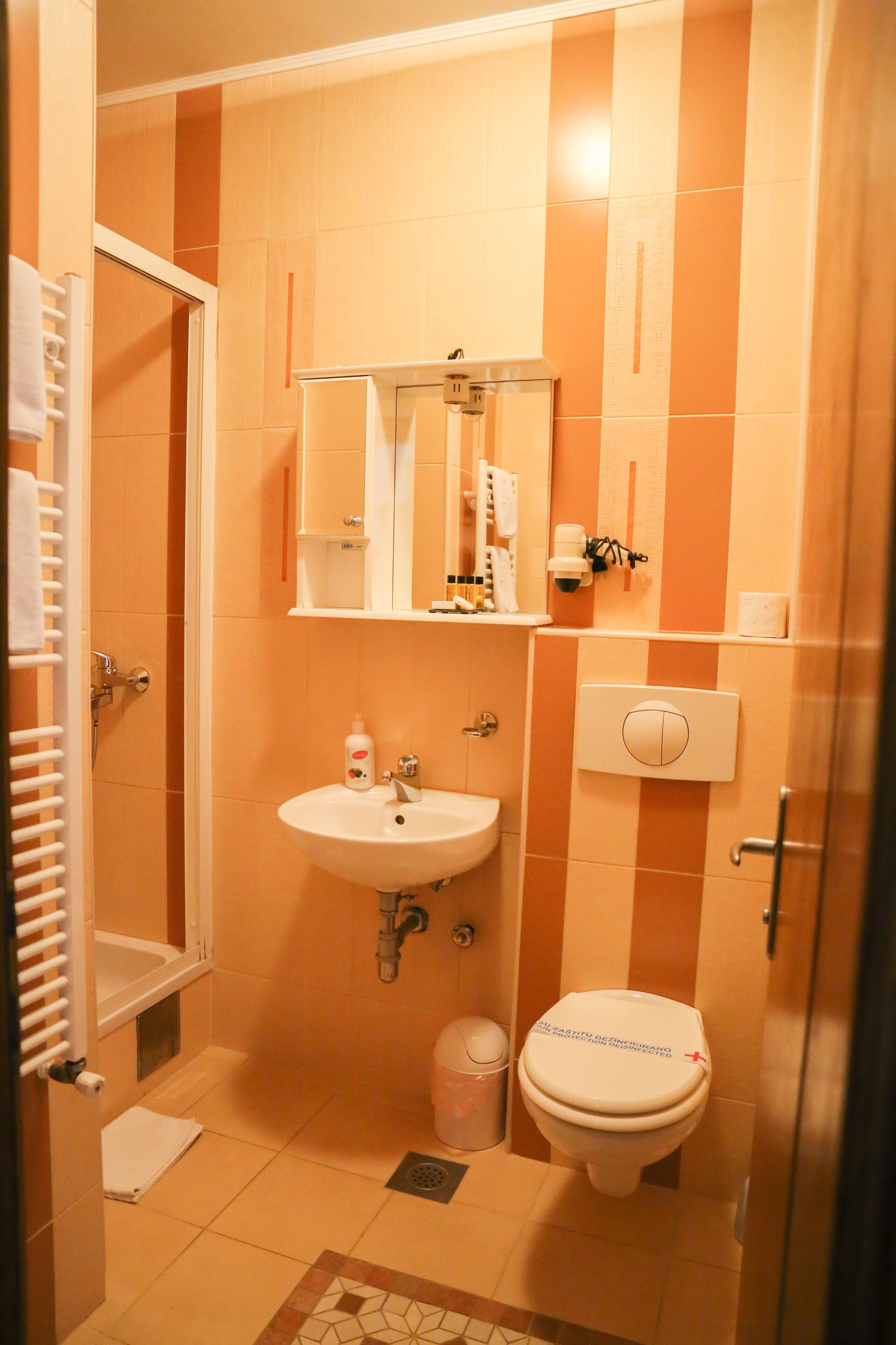 Shower, hair dryer, towels, toilet paper