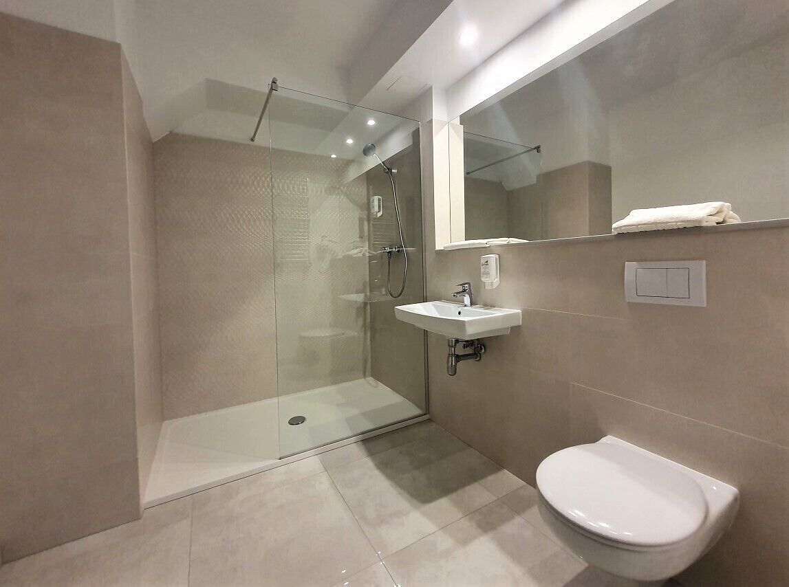 Un baño moderno con ducha envuelta en vidrio, un lavamanos blanco y un inodoro.
