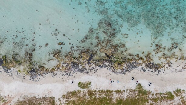 Vista aérea de una playa con agua turquesa cristalina, arena blanca y rocas dispersas.