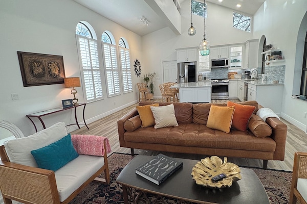 Living room and kitchen with high ceilings and open concept