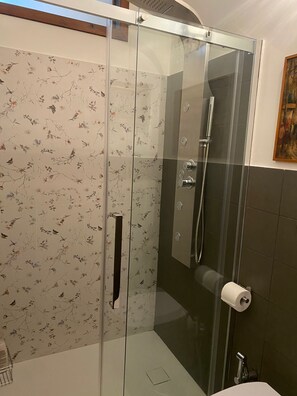 Dusche, Haartrockner, Handtücher, Seife