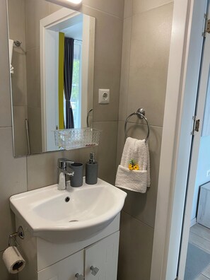 Hair dryer, towels, soap, toilet paper