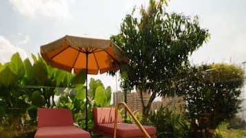 Outdoor pool, open 10:00 AM to 7:00 PM, pool loungers