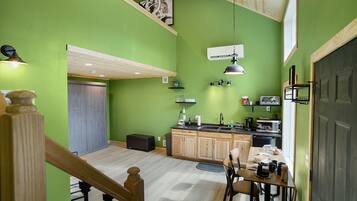 Fridge, microwave, coffee/tea maker, toaster