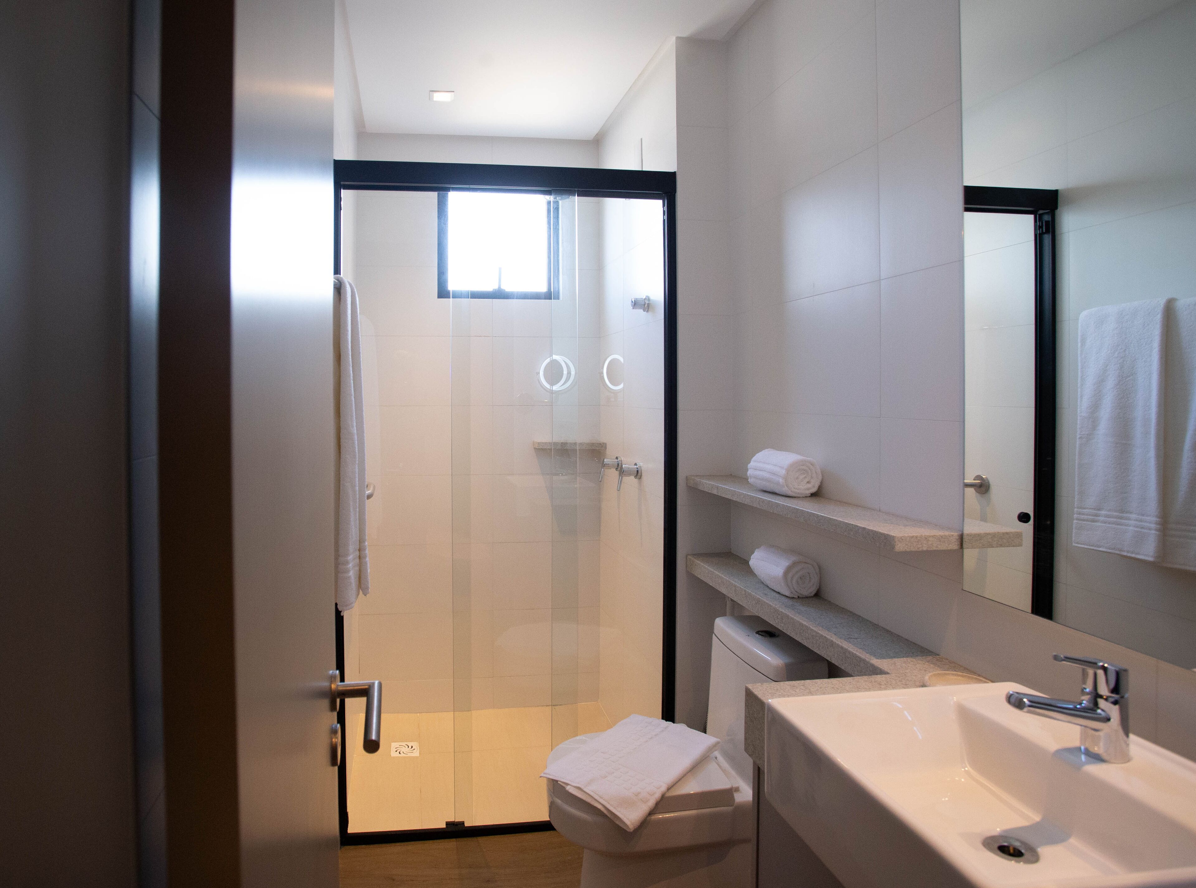A modern bathroom with a glass shower door, a toilet, a sink, and a mirror.
