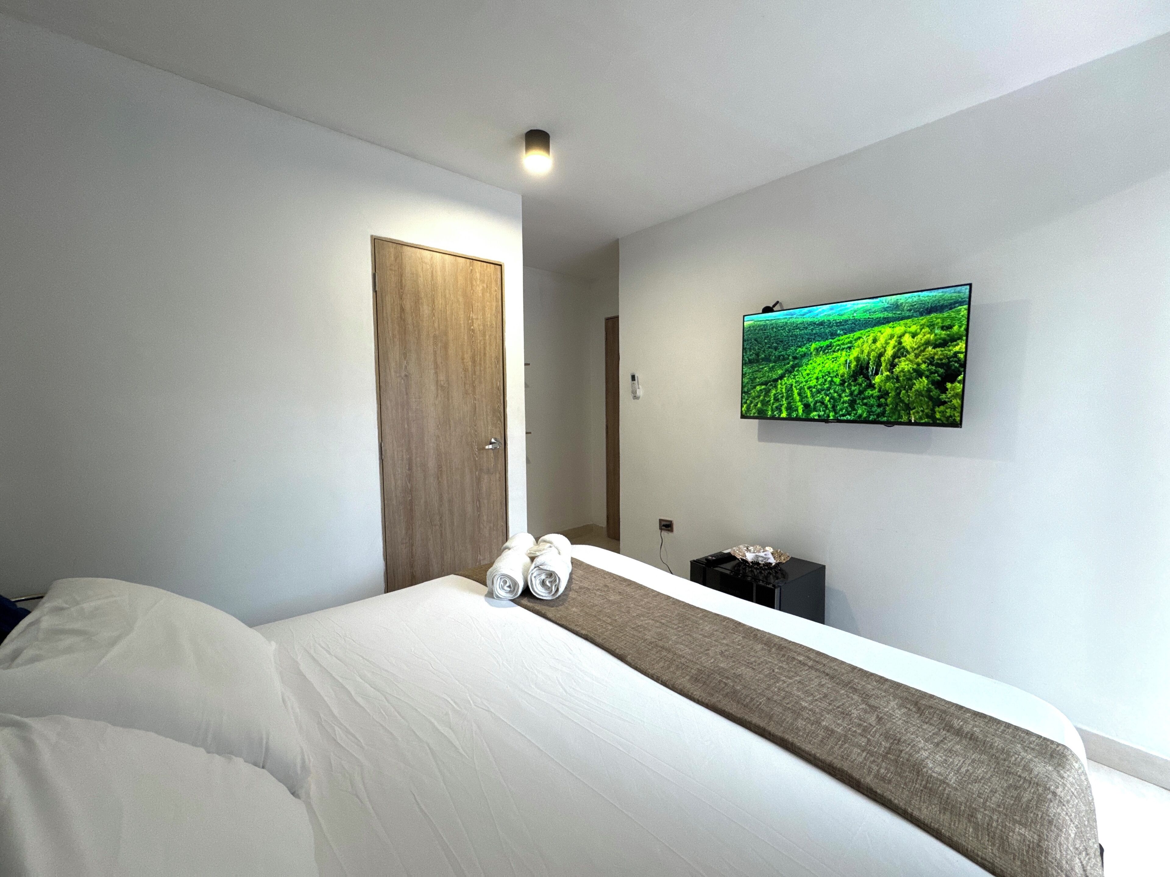 Una habitación de hotel moderna con una cama grande, un televisor de pantalla plana en la pared y una puerta de madera.