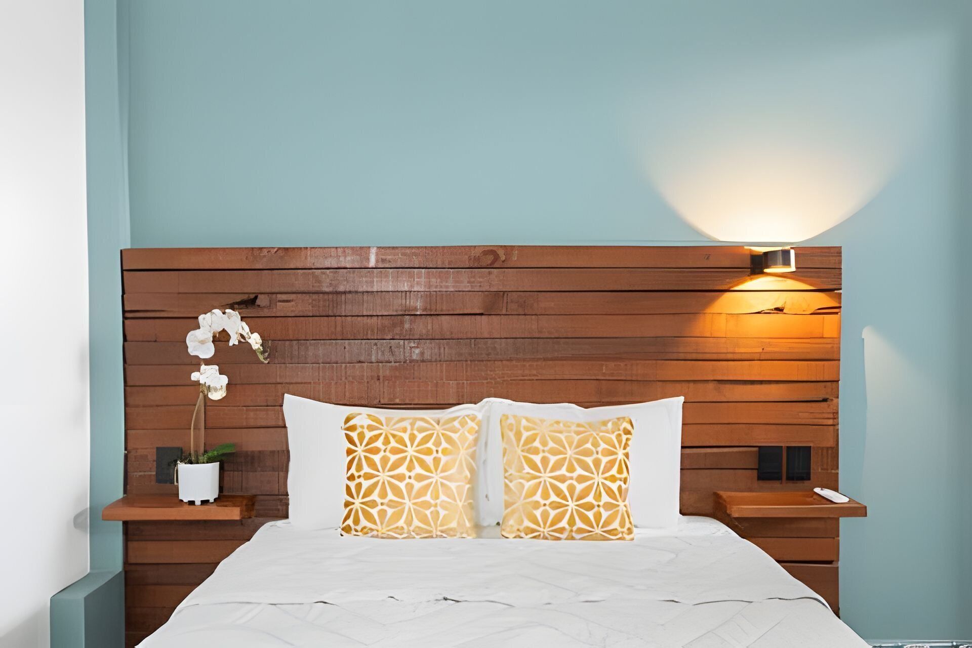 A bedroom with a wooden headboard, two patterned pillows, a white bedspread, a nightstand with a potted plant, and a wall-mounted light.