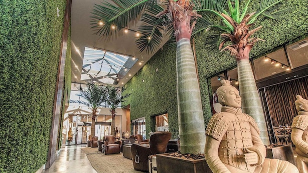 A lobby with a green wall, a palm tree, and a statue.