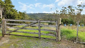 Una verja de madera con un pestillo metálico, un camino de grava y un campo cubierto de hierba con árboles y colinas al fondo.