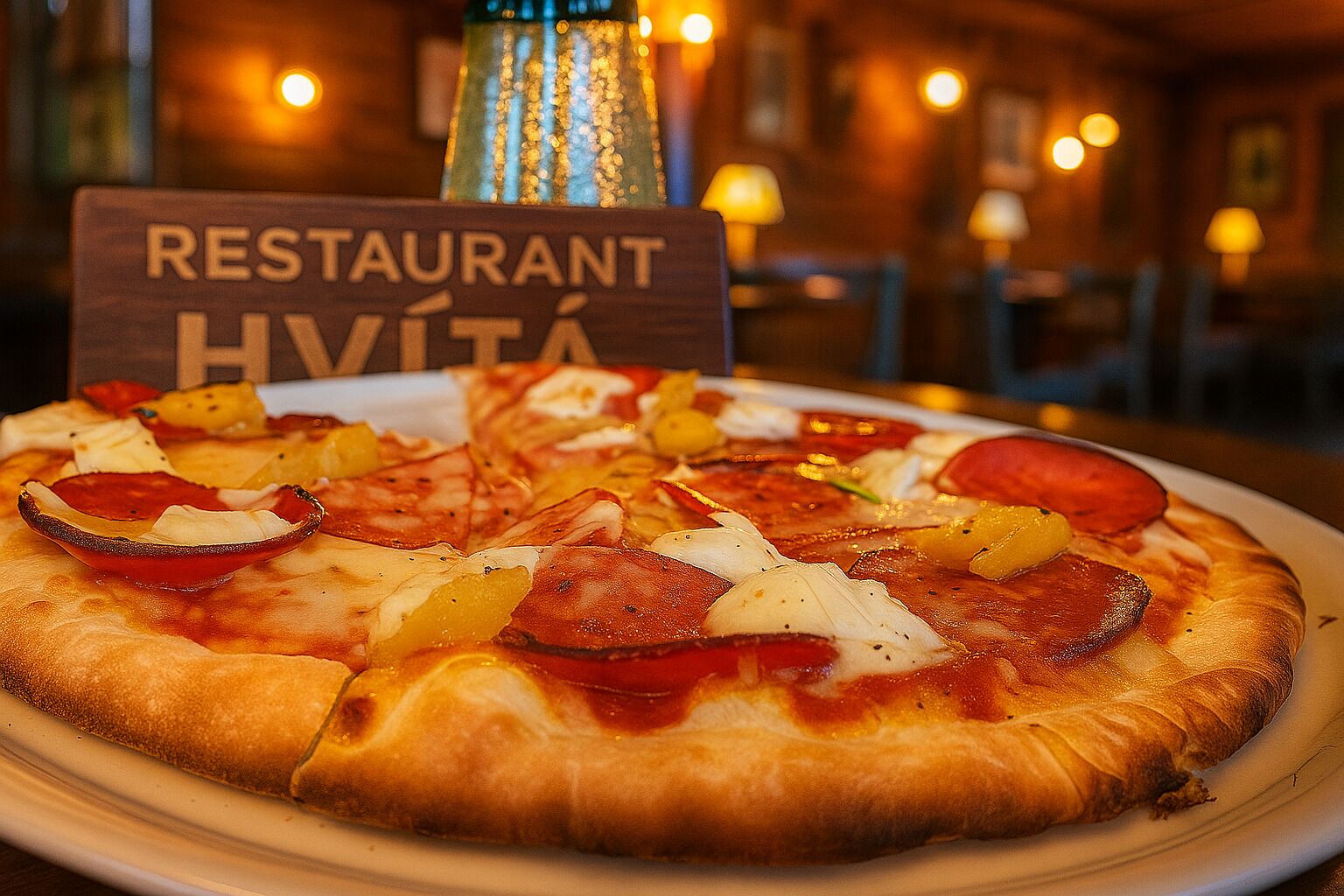 Una pizza con diferentes ingredientes sobre un plato, un letrero que dice "RESTAURANT HVITA" al fondo, y un interior desenfocado que sugiere un espacio para comer.