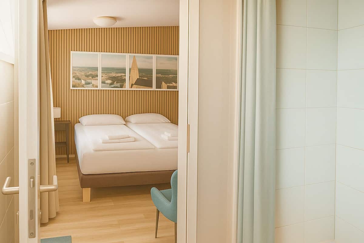 Ein Hotelzimmer mit Bett, Sessel, Nachttisch und Fenster mit Blick auf die Stadt.