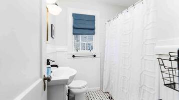 Shower, hair dryer, shampoo