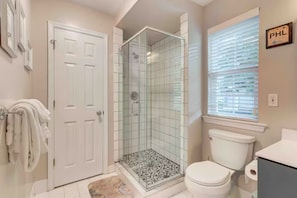 Hair dryer, towels, soap, toilet paper