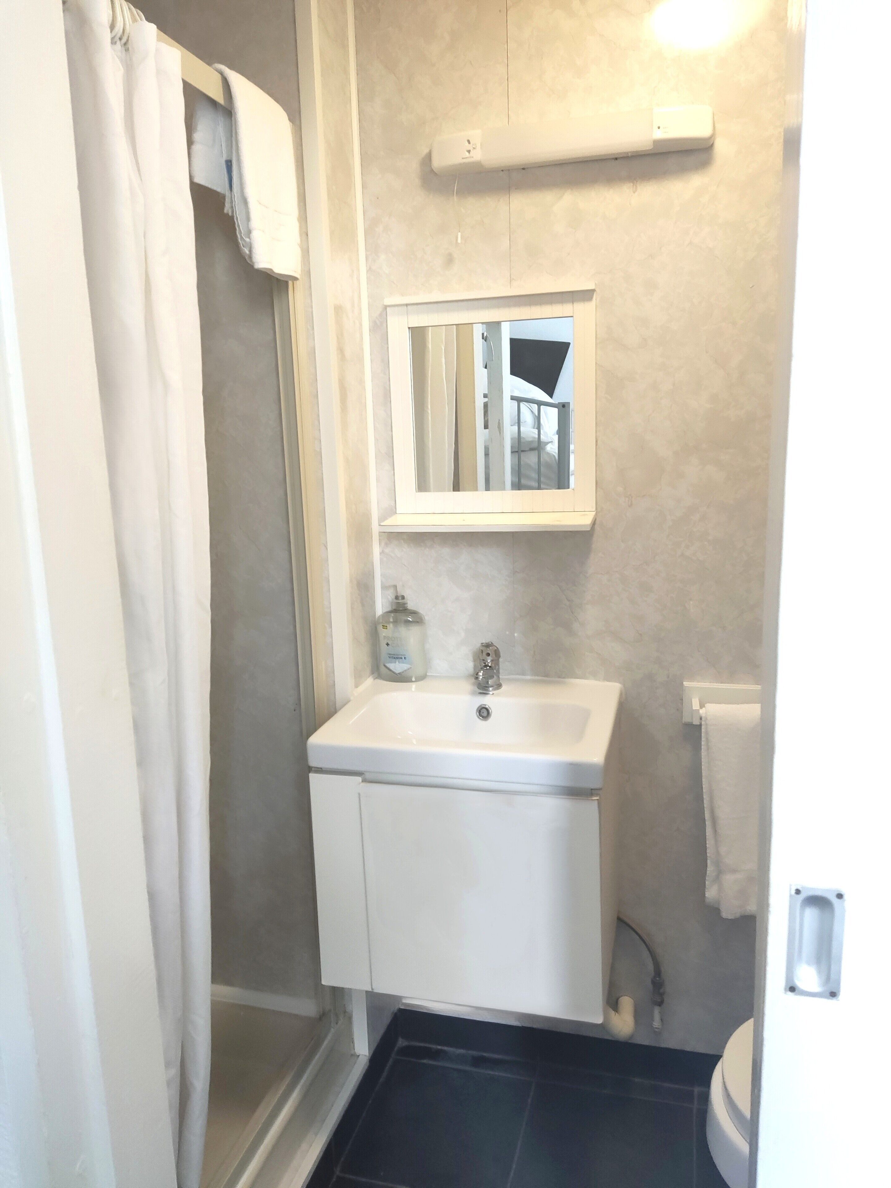 A bathroom with a shower, a sink, a mirror, and a toilet.