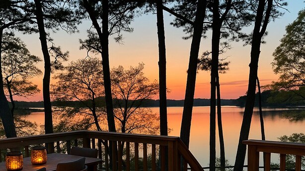 A wooden deck with tables and chairs, surrounded by trees, overlooking a calm lake during sunset. - Luxe Lakefront Retreat★Sauna★Media Rm★Kayaks-SUPs★Bikes★Steps to BikePath★Pet OK (Harwich)