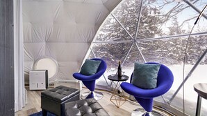 Un intérieur chaleureux avec deux fauteuils bleus, une petite table sur laquelle se trouvent une bouteille et des verres, et un radiateur.