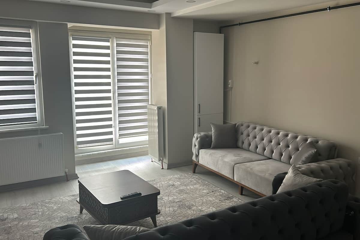 Un salon moderne avec un canapé gris, un fauteuil assorti et une petite table basse.