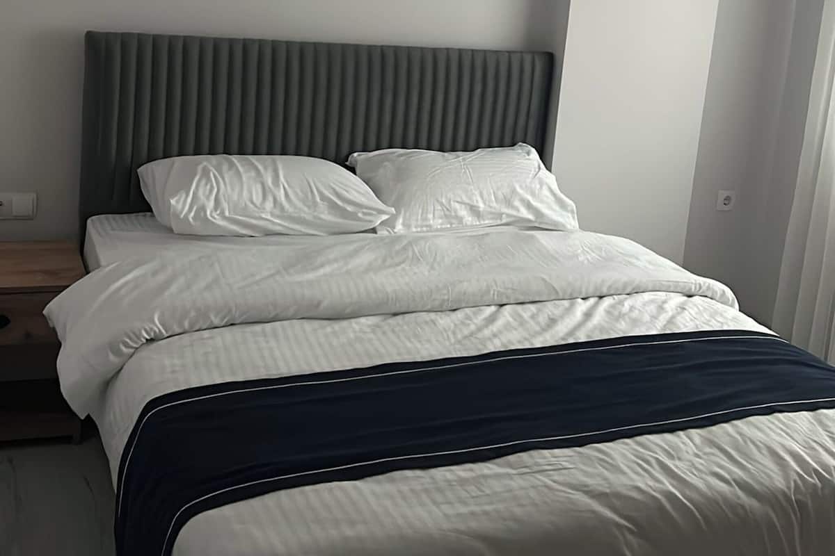 Une chambre d’hôtel moderne avec un grand lit, une tête de lit grise et un mur blanc.