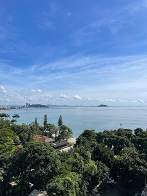 Une vue sur la côte, avec un ciel dégagé, une mer calme et une végétation luxuriante.