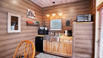 Fridge, microwave, coffee/tea maker, toaster