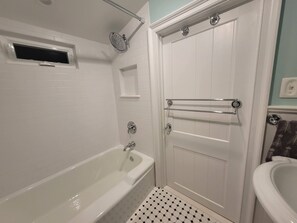 Hair dryer, towels, soap, toilet paper