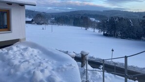 Un paysage enneigé avec un bâtiment au premier plan et une forêt enneigée en arrière-plan.