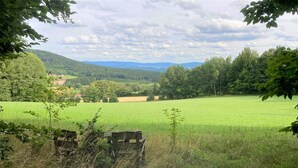 Un paysage rural avec un champ, des arbres et une vue lointaine sur des collines.