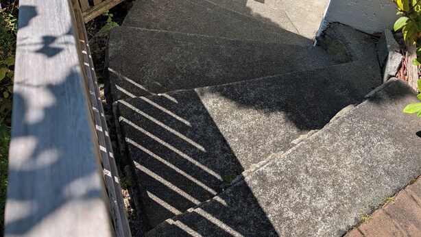 Une allée menant à une résidence, bordée d’une clôture en bois, avec un chemin en briques et un petit espace jardin agrémenté d’une plante en pot.