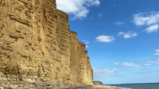 Une plage côtière avec une falaise imposante et un ciel dégagé.