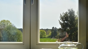 A window with a view of a green landscape, a clear glass teapot, and a book on a table. - Complete guesthouse on the Finow Canal (former school from 1875) for 12 people (Wandlitz)