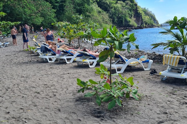 On the beach, black sand