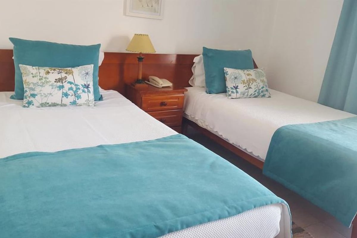 A hotel room with two beds, each with a teal bedspread and matching pillows. There is a wooden nightstand with a lamp and a telephone between the beds.