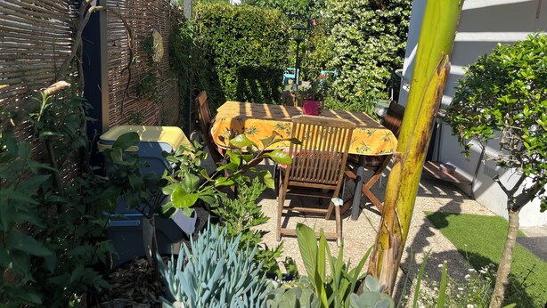 Une terrasse de jardin avec une table et des chaises, entourée de différentes plantes et agrémentée d’une structure en forme de pergola.
