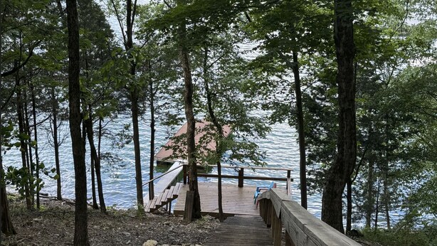 A wooden boardwalk leading to a dock with a small pavilion, surrounded by tall trees and a body of water. - Serene cabin with dock/swim platform in charming Speedwell (Speedwell)