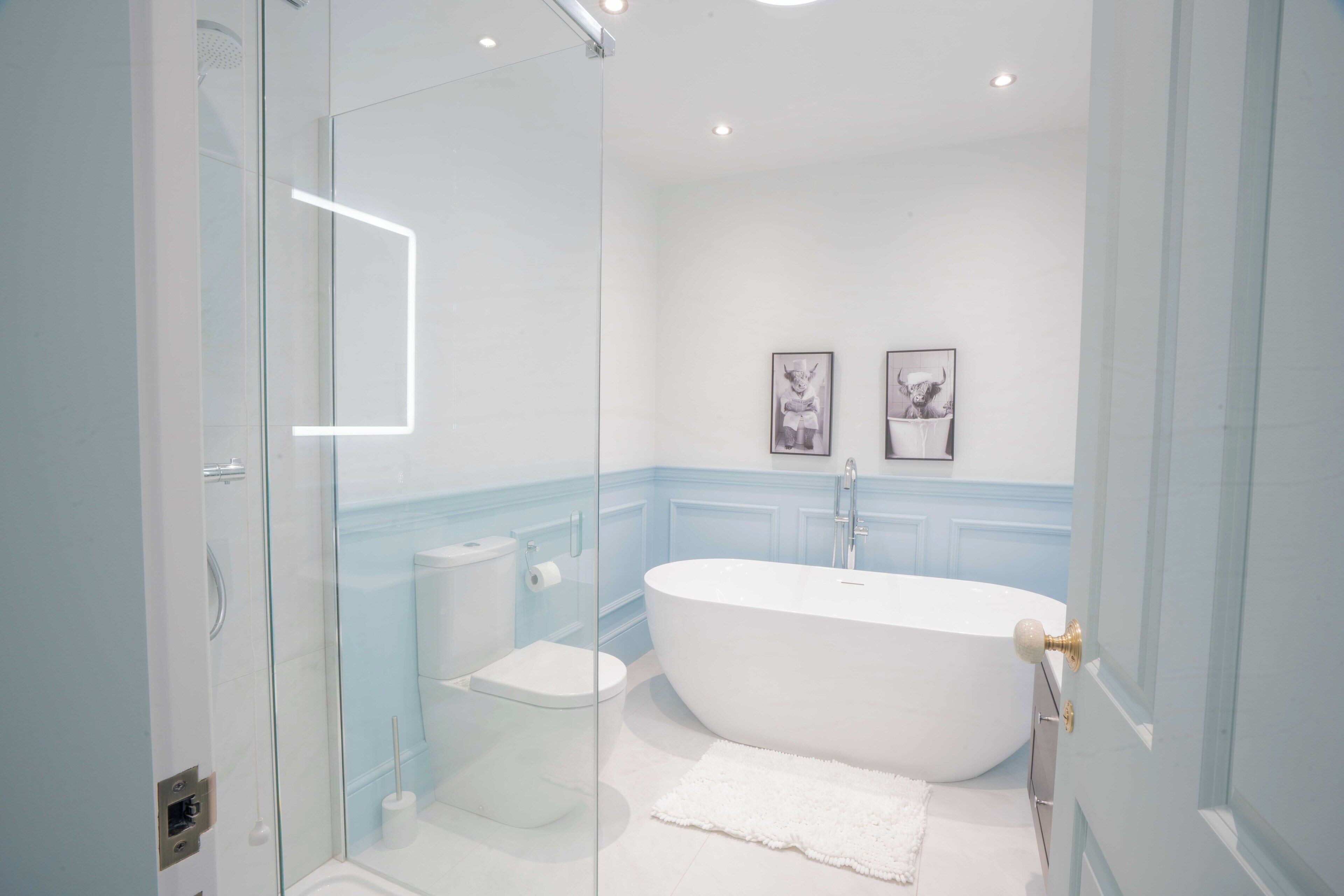 Shower, hair dryer, towels, toilet paper