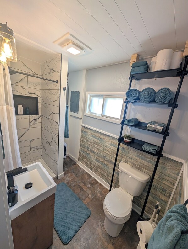 Shower, hair dryer, towels, soap