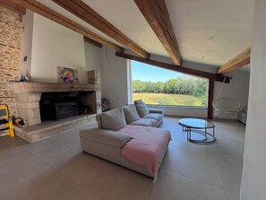 Chimenea, tenis de mesa, libros y estéreo 