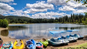 Un cadre idyllique au bord d’un lac, avec plusieurs bateaux amarrés le long de la rive.