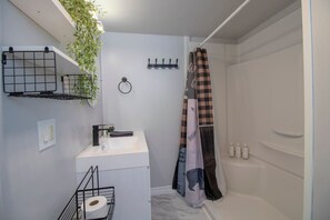 Hair dryer, towels, shampoo, toilet paper