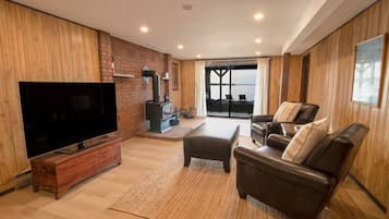 Smart TV, fireplace, books