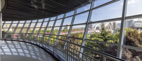 A modern interior with large windows, a curved ceiling, and a view of a cityscape.