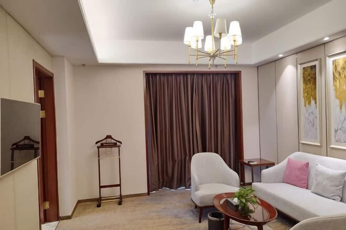 A hotel room with a sofa, armchair, hanging light fixture, and a coat rack.