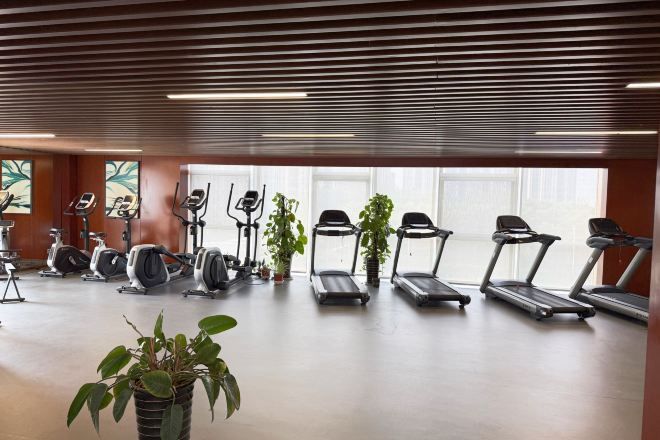 A gym with stationary bikes, treadmills, and exercise equipment.