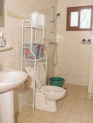 Hair dryer, towels, soap, toilet paper