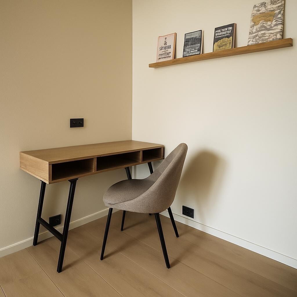 A minimalist workspace with a wooden desk, a grey chair, and a shelf with framed pictures.