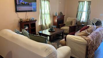 Smart TV, fireplace, DVD player, books