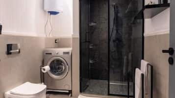 Hair dryer, towels, soap, toilet paper