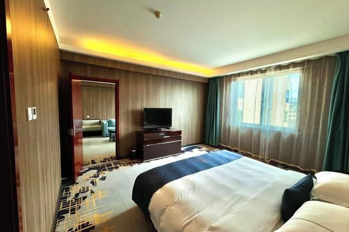 Une chambre d’hôtel avec un lit, un téléviseur posé sur une commode, un miroir et une fenêtre avec des rideaux.
