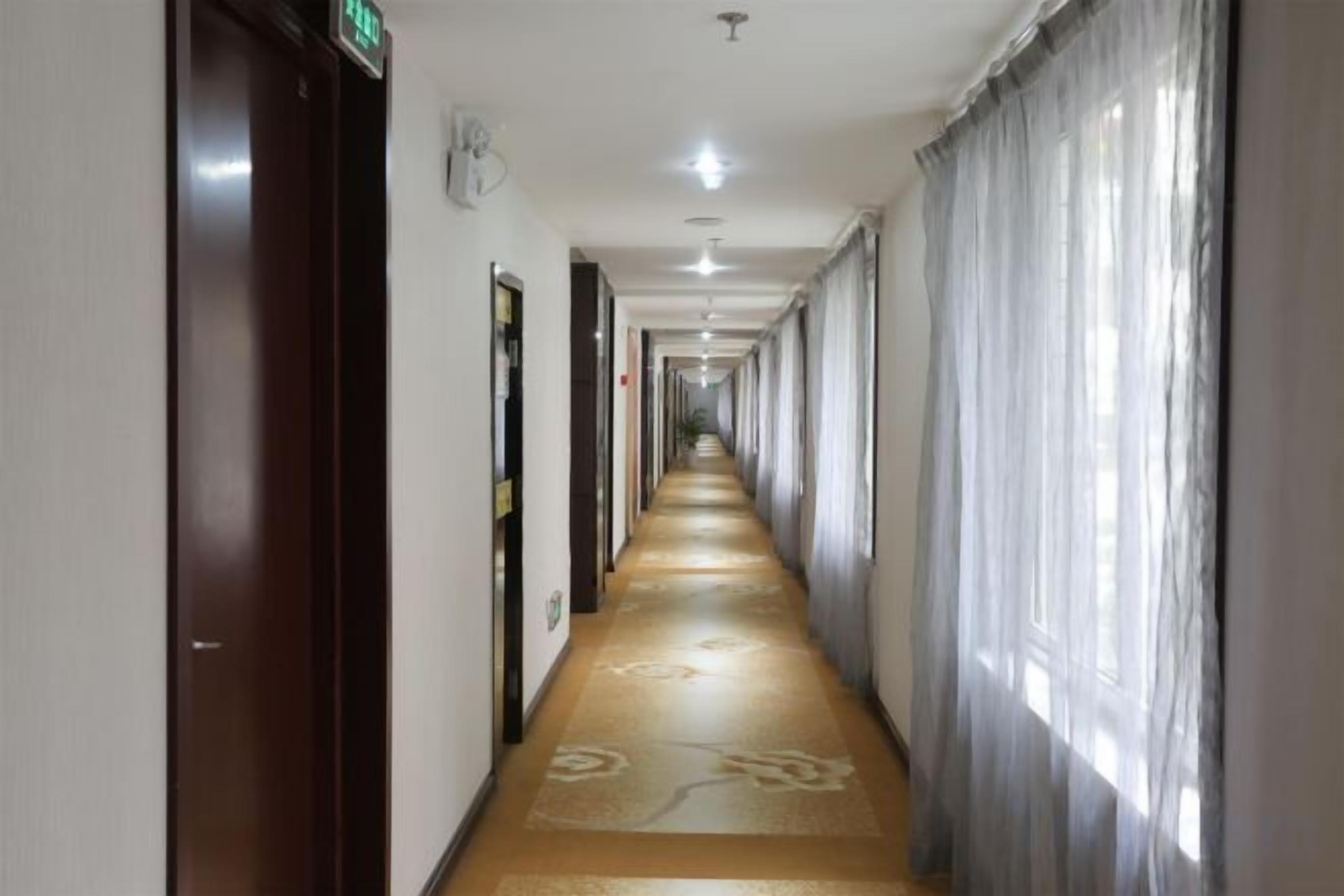 A hotel corridor with doors on both sides, a carpeted floor, and a long hallway.